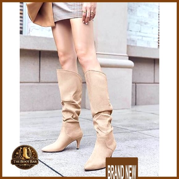 Knee High Slouchy Boots Wide Calf Kitten Heel Pointed Toe Pull On Winter - Picture 3 of 7